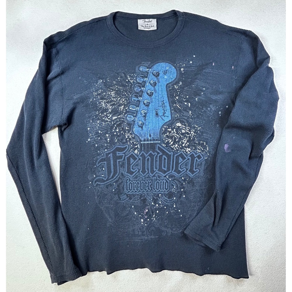 Fender Mens Long Sleeve Waffle Knit Thermal Shirt Blue Guitar Graphic Large
